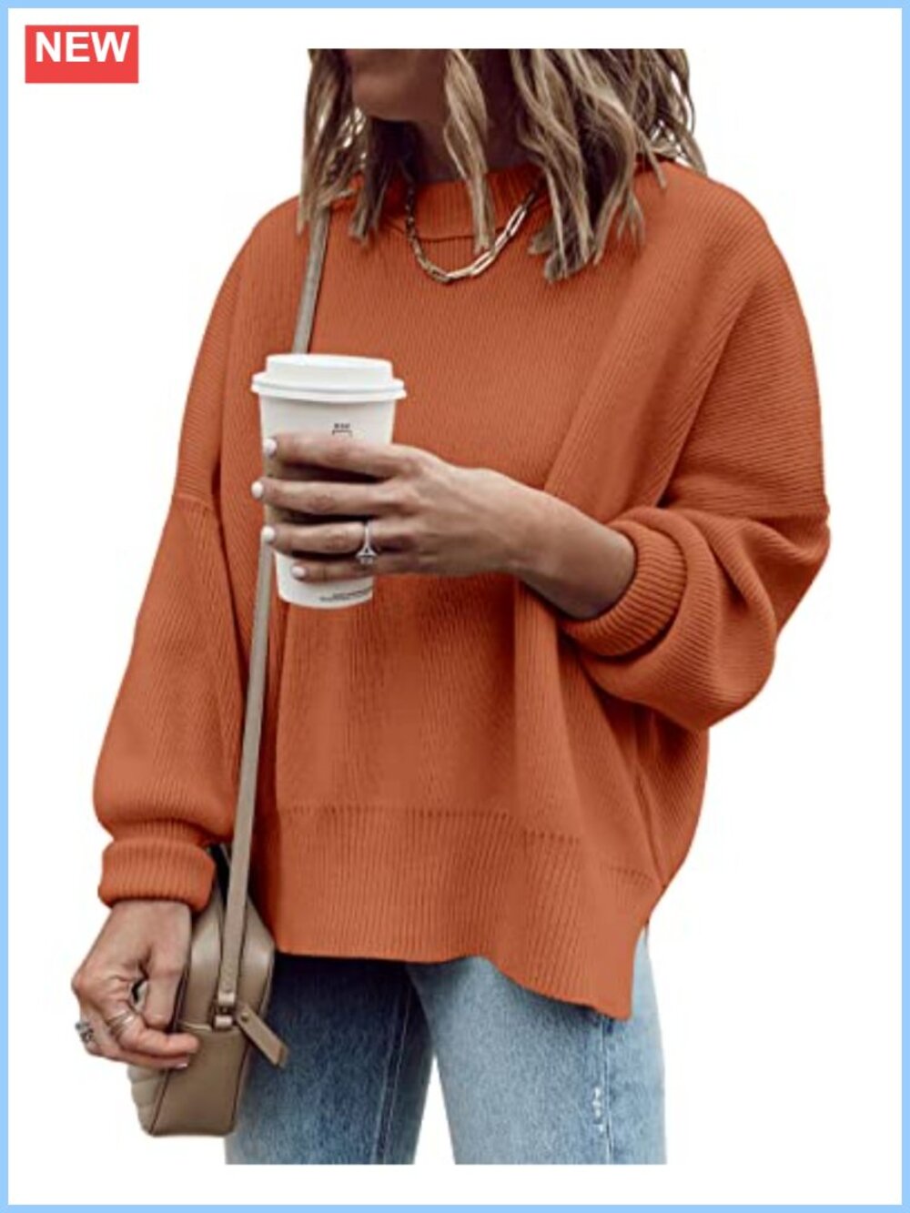 Oversized Tunic Sweater Loose Fit Ribbed Pullover Crewneck Side Slit Fall